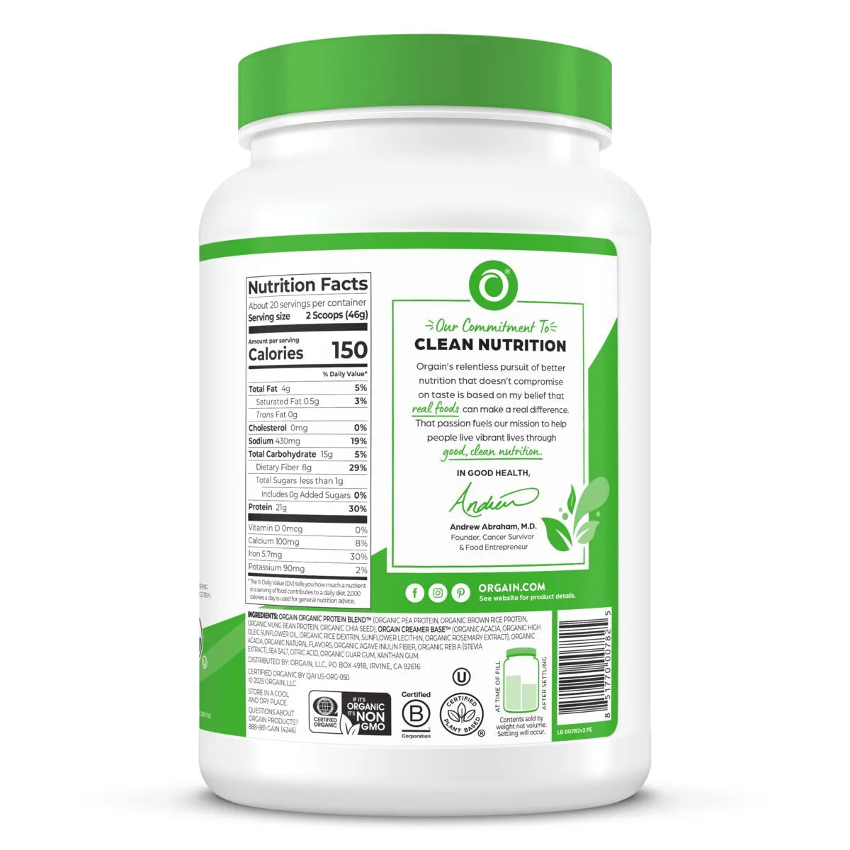 Right side of Organic Protein Plant Based Protein Powder - Strawberries & Cream  Flavor in the 2.03lb Canister Size
