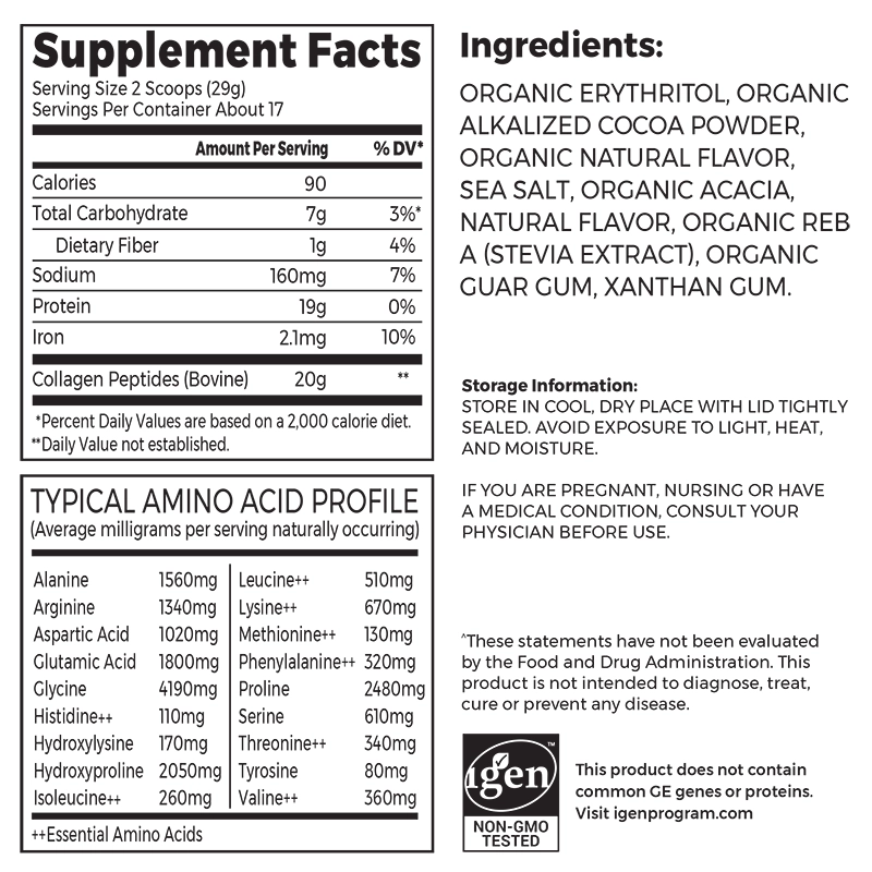 Nutrition fact panel and list of ingredients of Grass Fed Pasture Raised Collagen Peptides - Chocolate  Flavor in the 1.15lb Canister Size