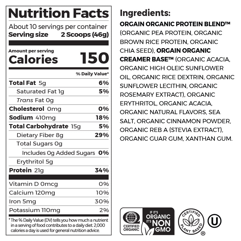 Nutrition fact panel and list of ingredients of Organic Protein Plant Based Protein Powder - Churro Caramel Swirl  Flavor in the 1.02 lb canister Size