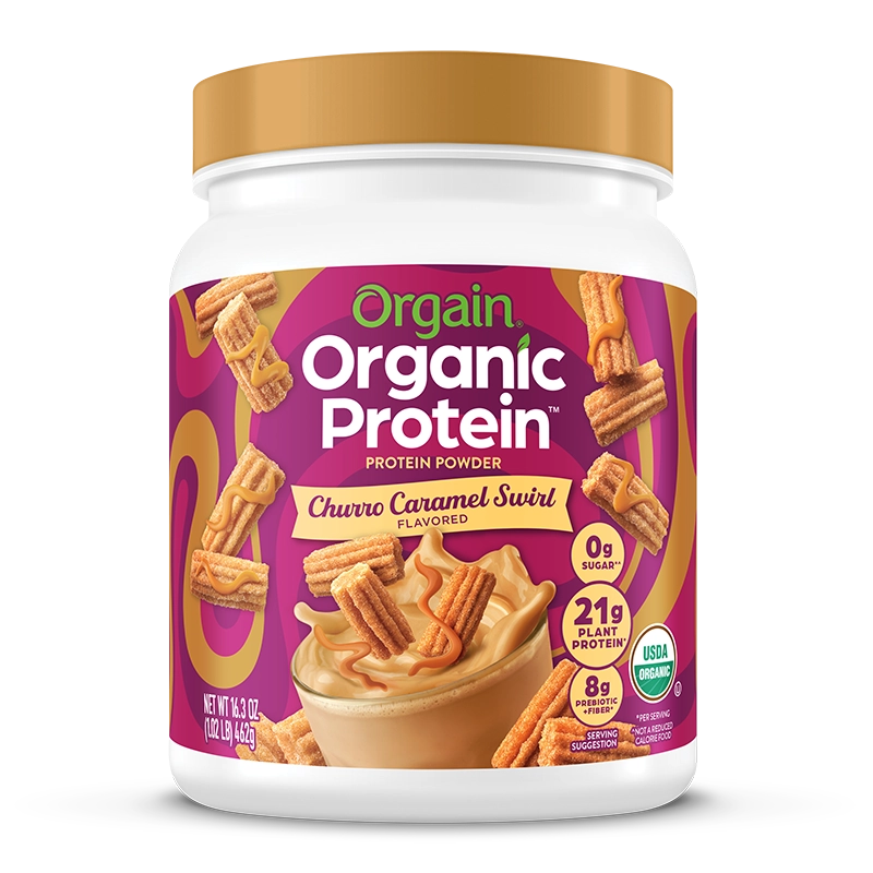 Front of Organic Protein Plant Based Protein Powder - Churro Caramel Swirl  Flavor in the 1.02 lb canister Size