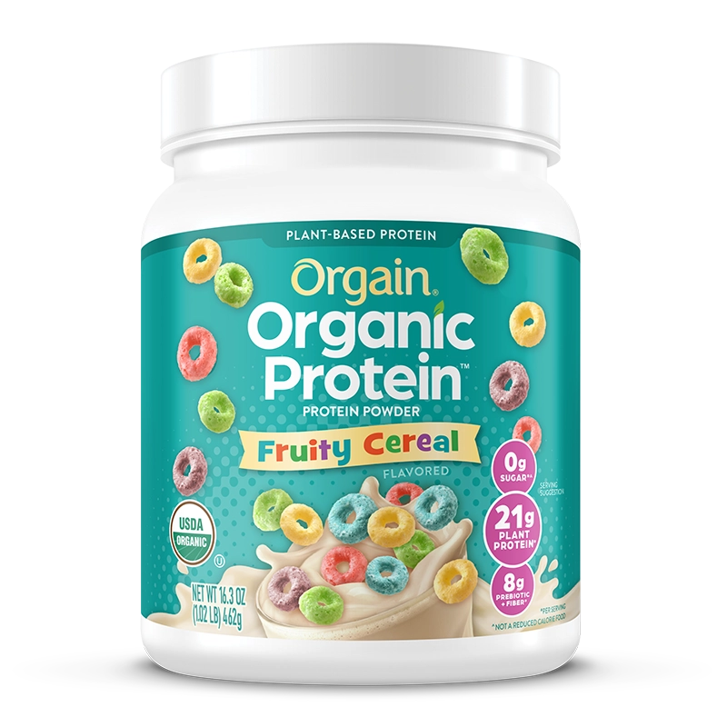 Front of Organic Protein Plant Based Protein Powder - Fruity Cereal  Flavor in the 1.02 lb Size