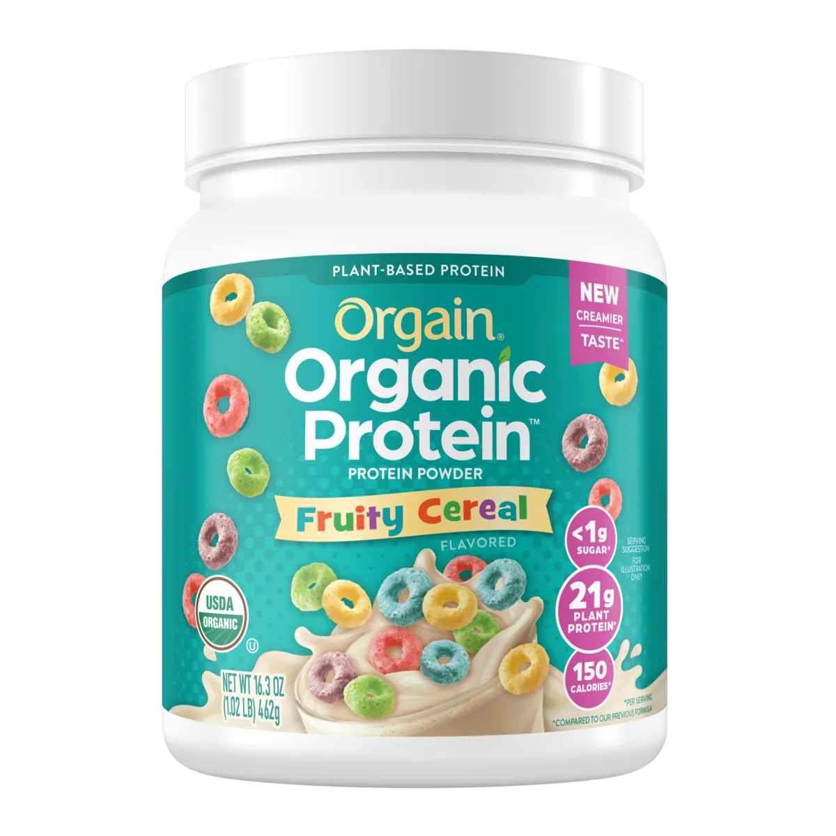 Front of Organic Protein Plant Based Protein Powder - Fruity Cereal  Flavor in the 1.02 lb Size