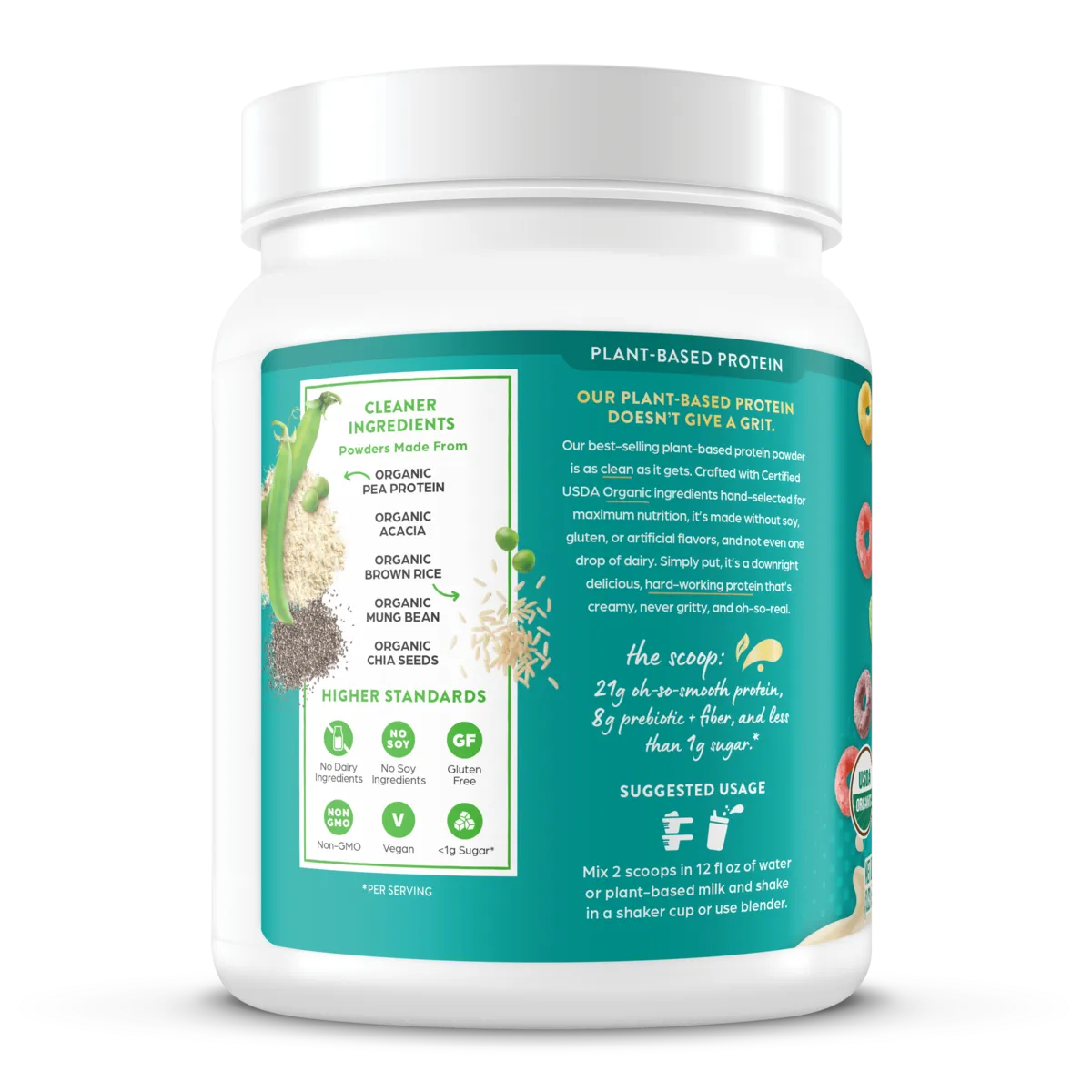 Left side of Organic Protein Plant Based Protein Powder - Fruity Cereal  Flavor in the 1.02 lb Size