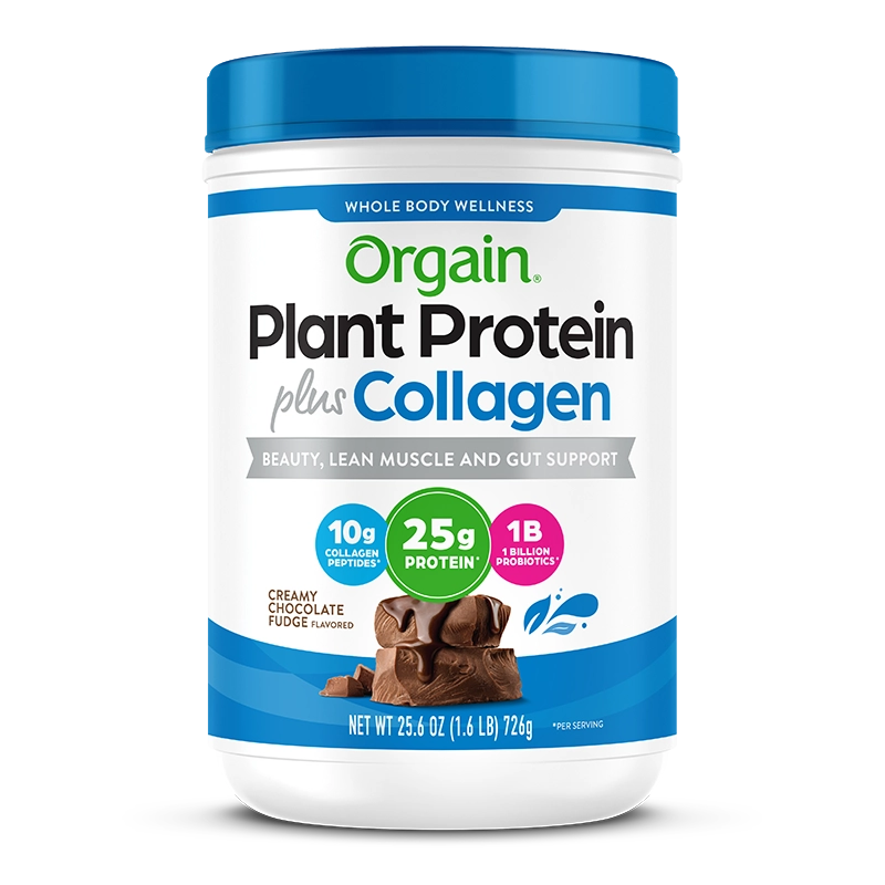 Front of Plant Protein Plus Collagen Chocolate Flavor in the 25.6 oz Size