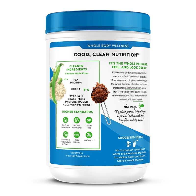 Left side of Plant Protein Plus Collagen Chocolate Flavor in the 25.6 oz Size