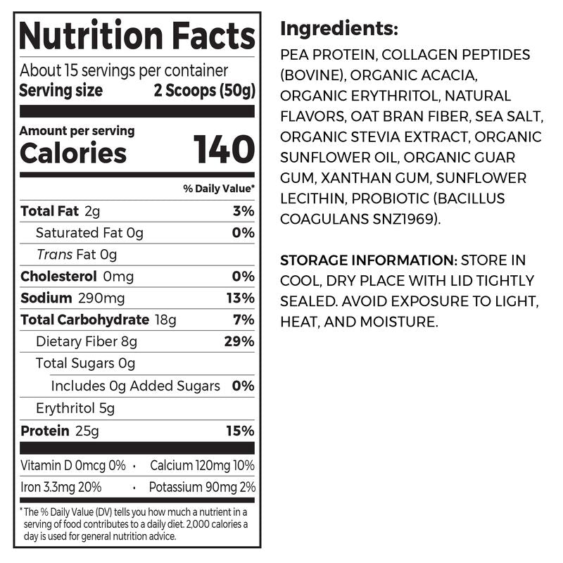 Nutrition fact panel and list of ingredients of Plant Protein Plus Collagen - Vanilla  Flavor in the 25.6 oz Size
