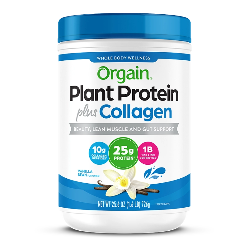 Front of Plant Protein Plus Collagen - Vanilla  Flavor in the 25.6 oz Size