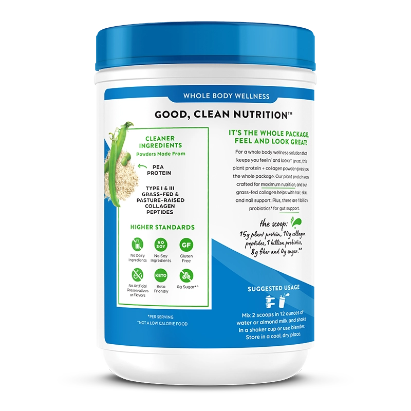 Left side of Plant Protein Plus Collagen - Vanilla  Flavor in the 25.6 oz Size