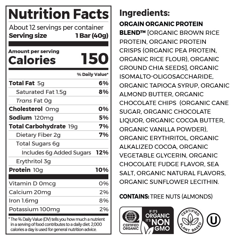 Nutrition fact panel and list of ingredients of Organic Protein Bar Chocolate Brownie Flavor in the 12 Bars Size