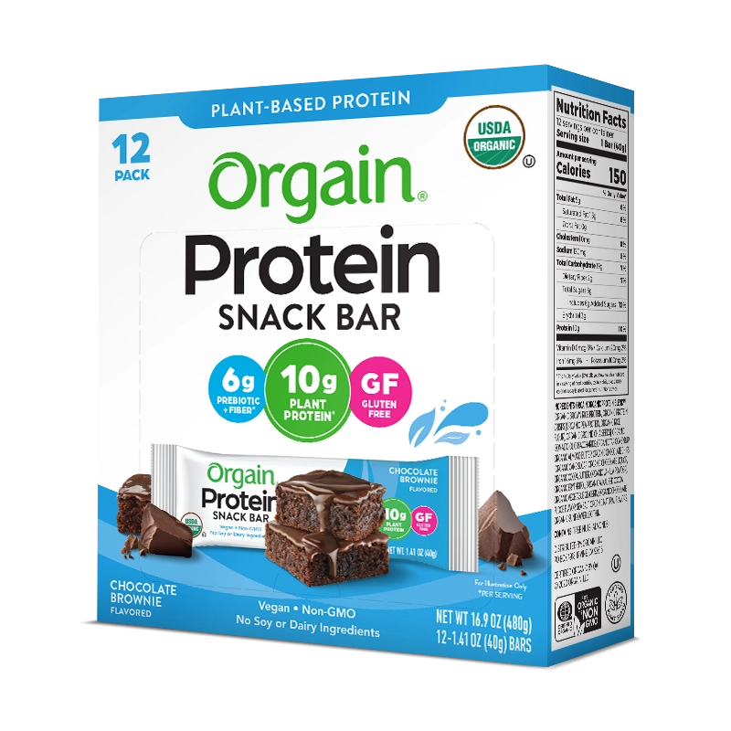 Angled Right side of Organic Protein Bar Chocolate Brownie Flavor in the 12 Bars Size