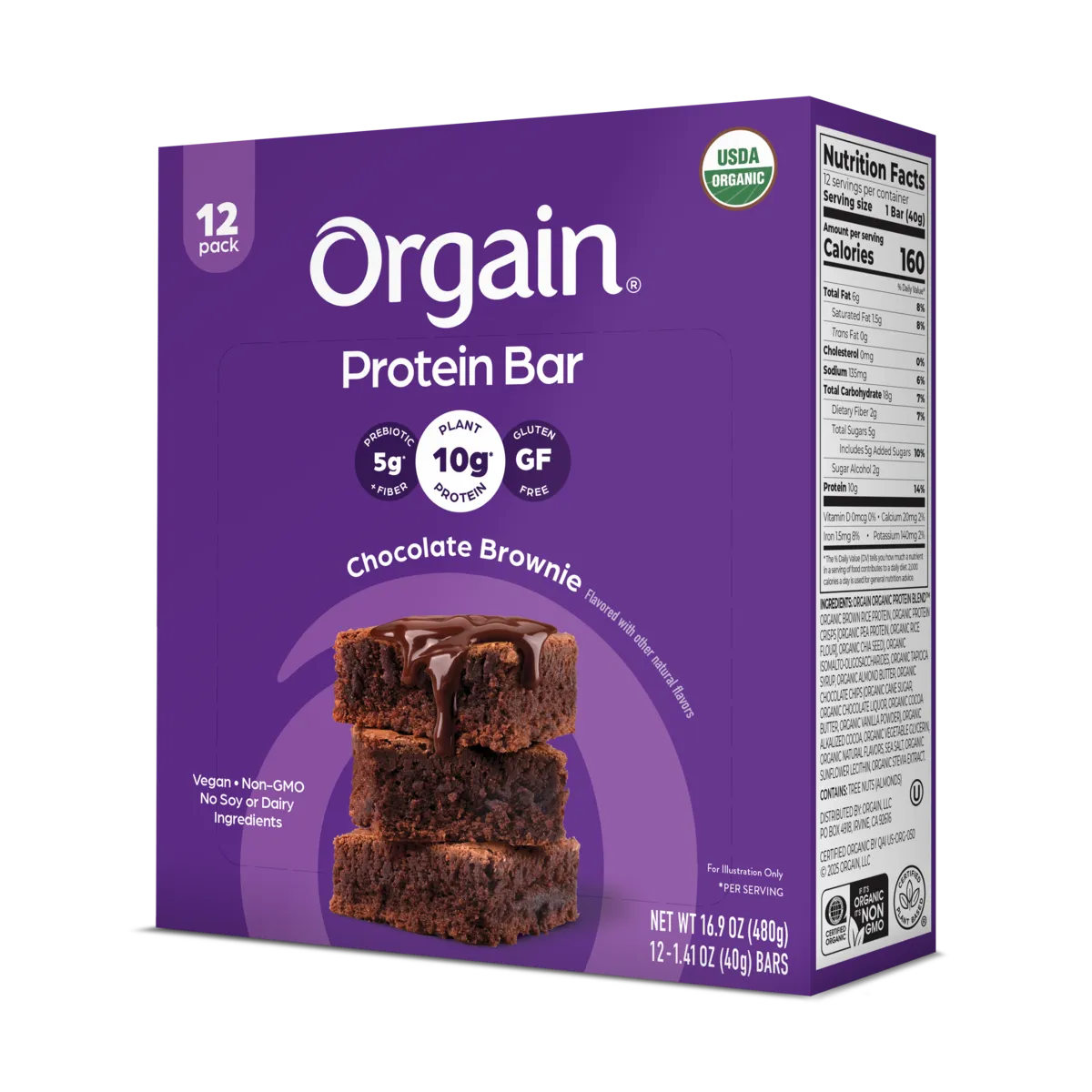 Angled Right side of Organic Protein Bar Chocolate Brownie Flavor in the 12 Bars Size 