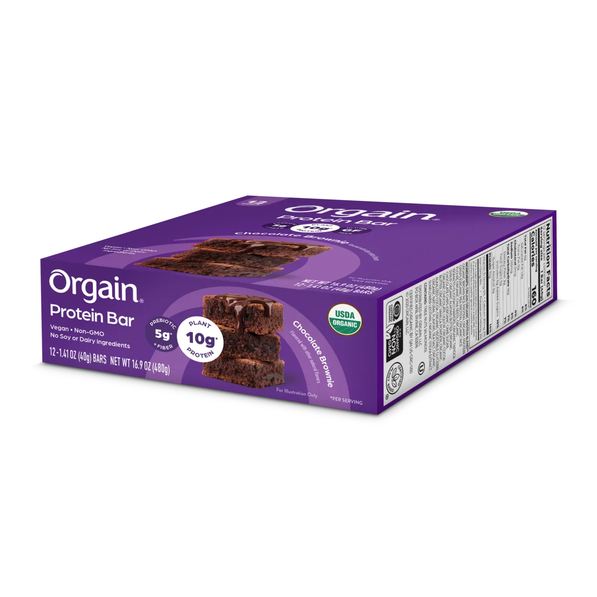 Angled top side of Organic Protein Bar Chocolate Brownie Flavor in the 12 Bars Size 