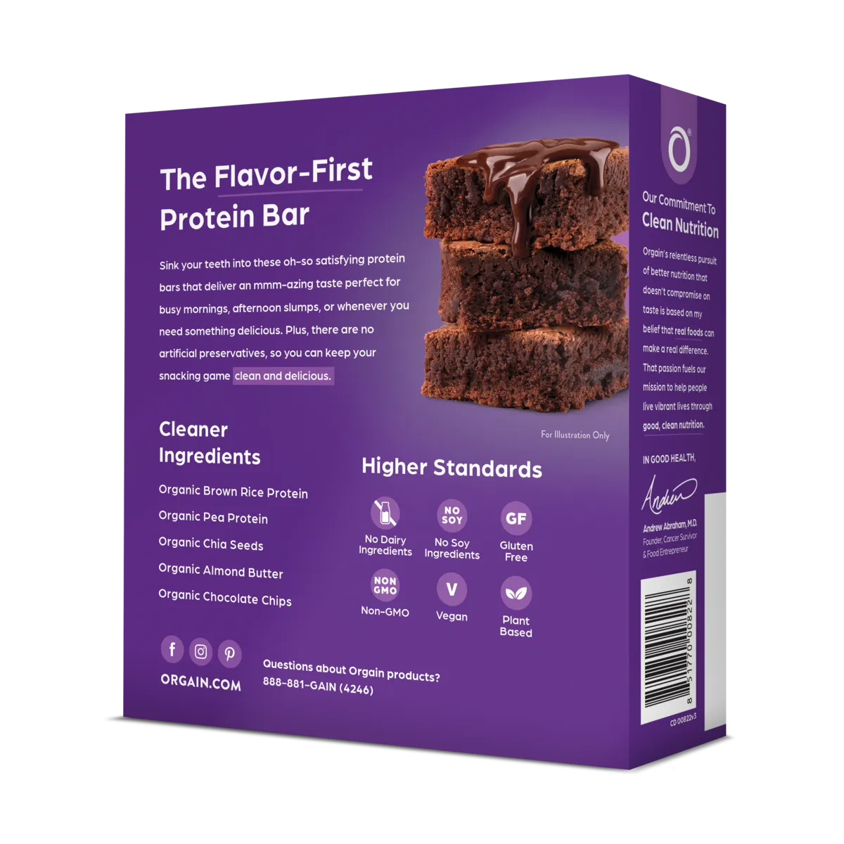 Back of Organic Protein Bar Chocolate Brownie Flavor in the 12 Bars Size  