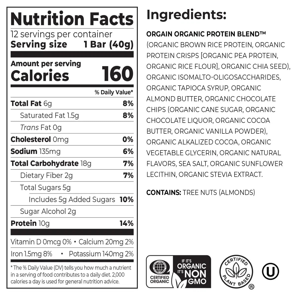 Nutrition fact panel and list of ingredients of Organic Protein Bar Chocolate Brownie Flavor in the 12 Bars Size 