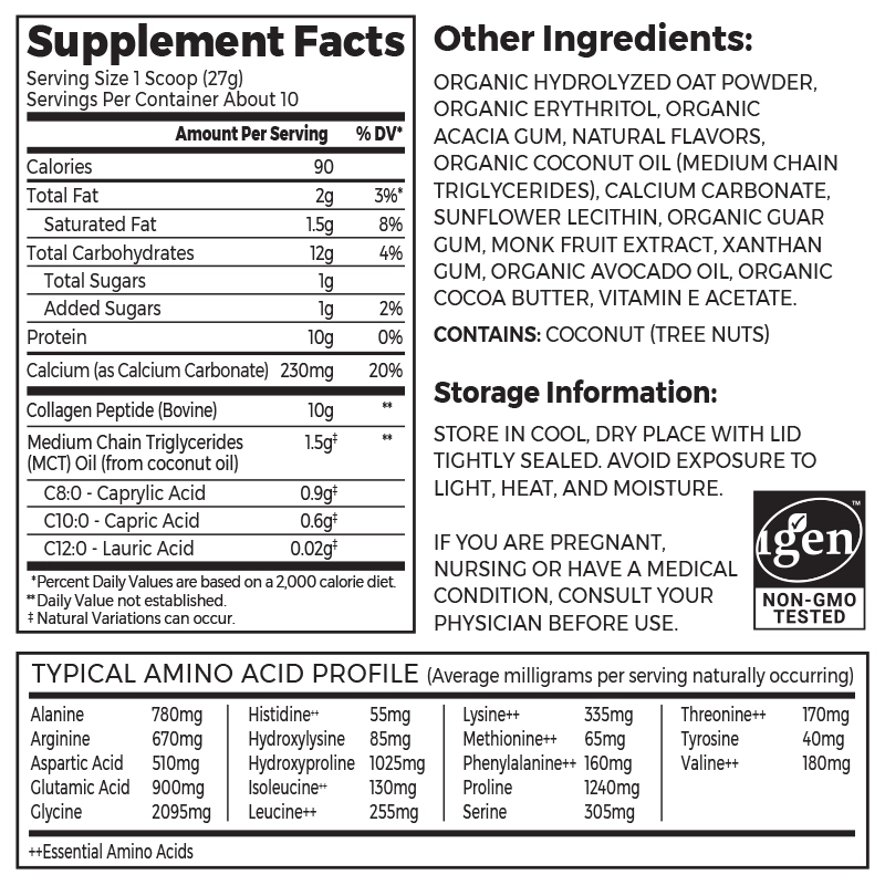 Nutrition fact panel and list of ingredients of Collagen Creamer with Oatmilk French Vanilla Flavor in the 10oz Size