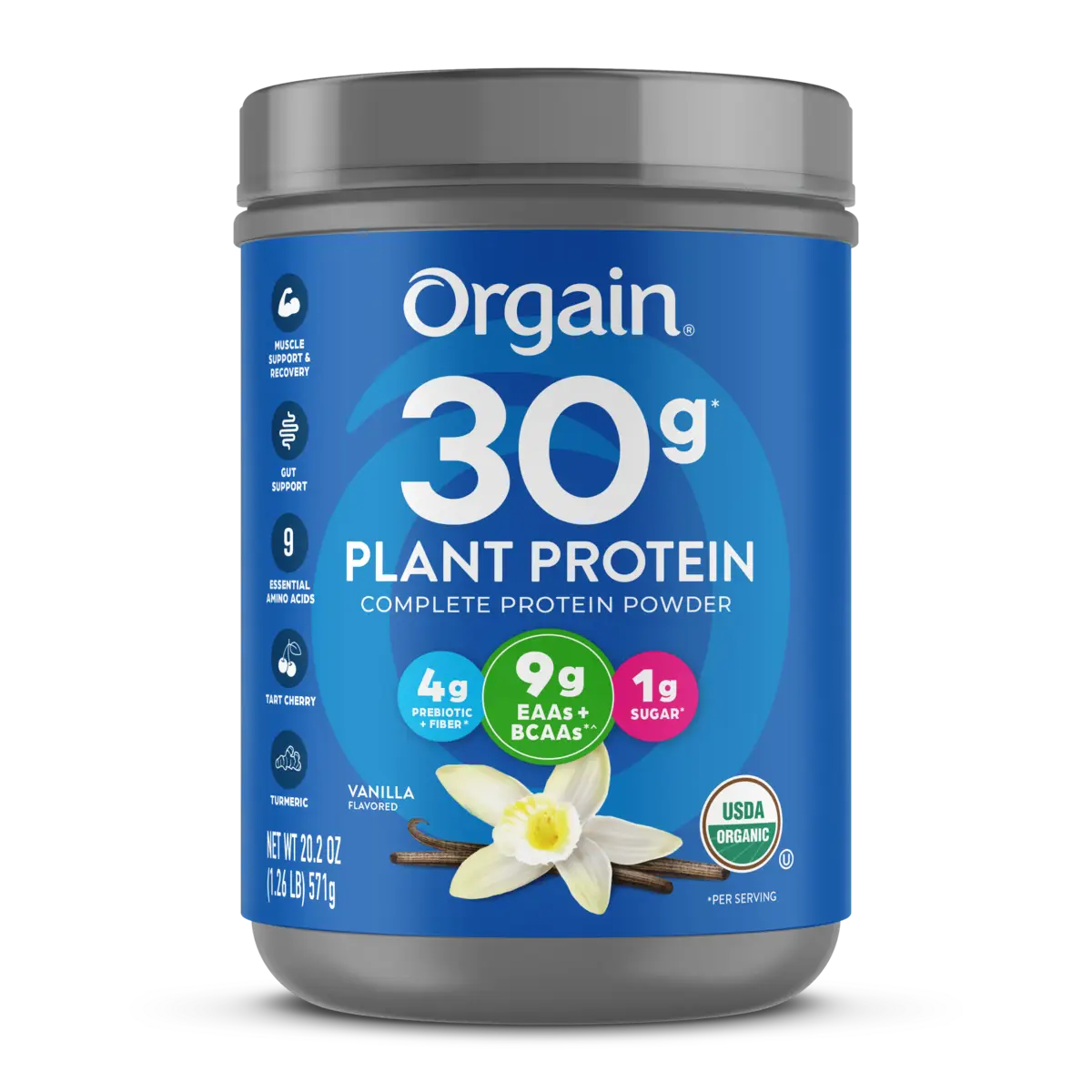 Front of 30g plant protein complete protein Powder Vanilla Flavor in the 1.26lb Canister Size