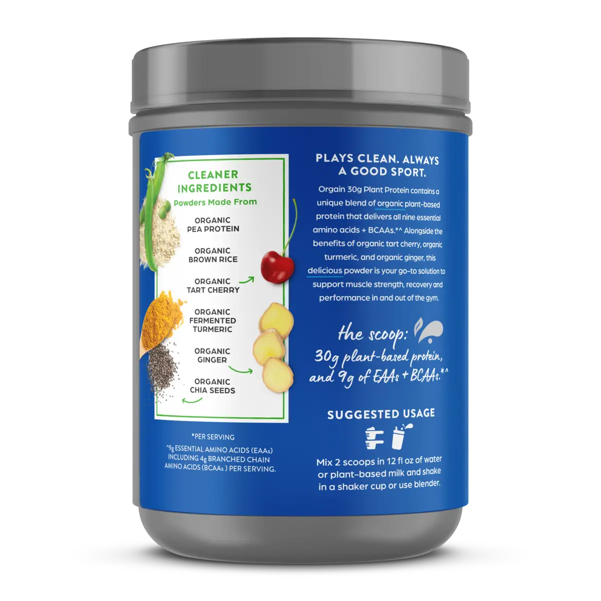 Left side of 30g plant protein complete protein Powder Vanilla Flavor in the 1.26lb Canister Size