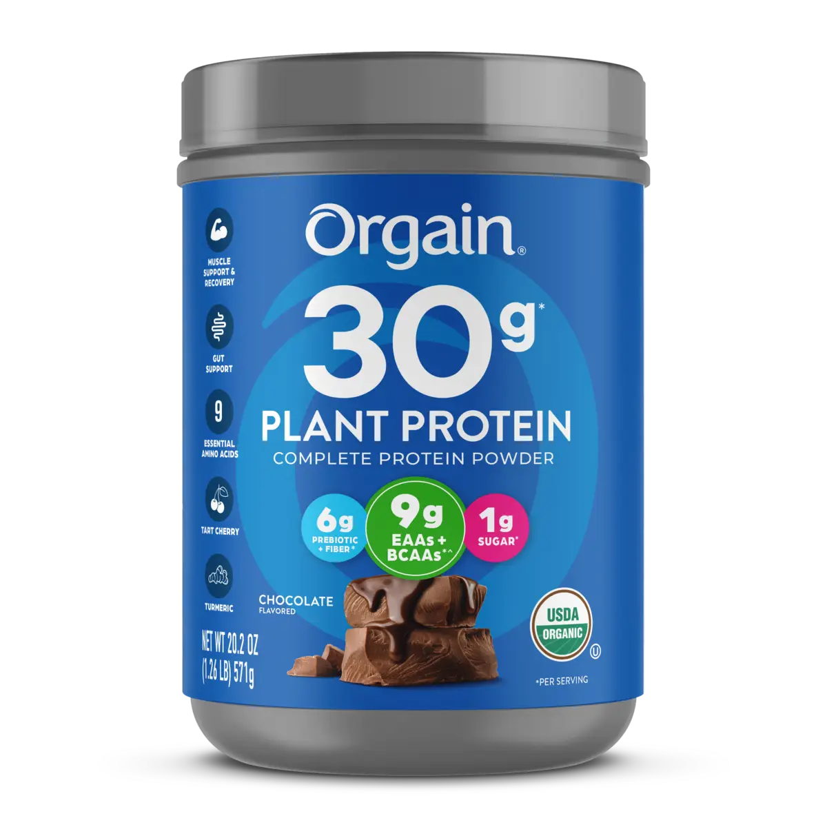 Front of 30g plant protein complete protein Powder Chocolate Flavor in the 1.26lb Canister Size