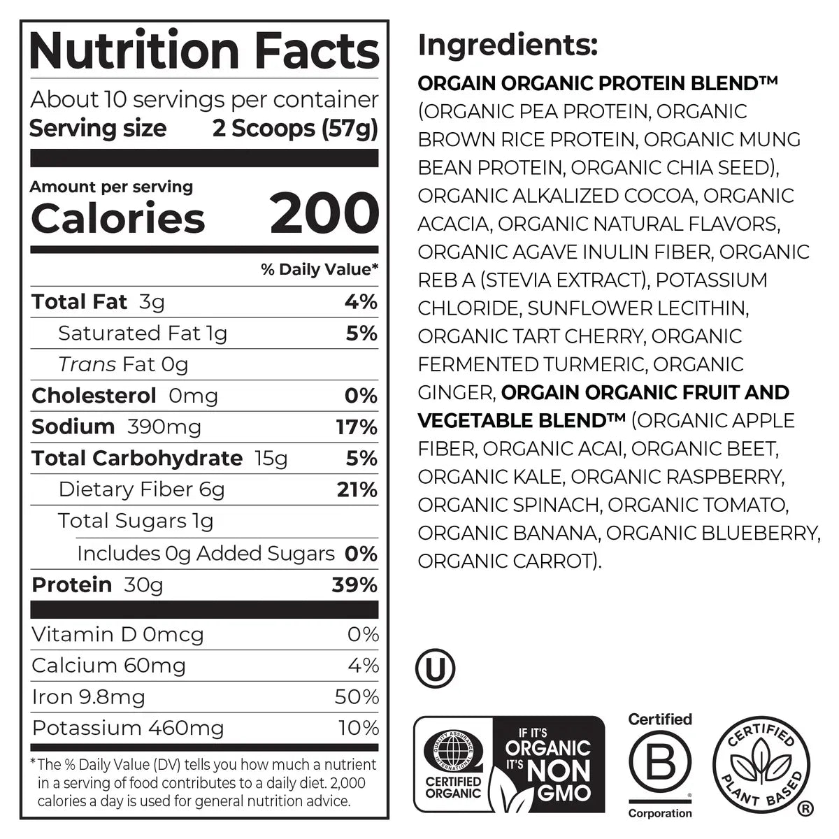 Nutrition Fact Panel and list of ingredients for 30g plant protein complete protein Powder Chocolate Flavor in the 1.26lb Canister Size