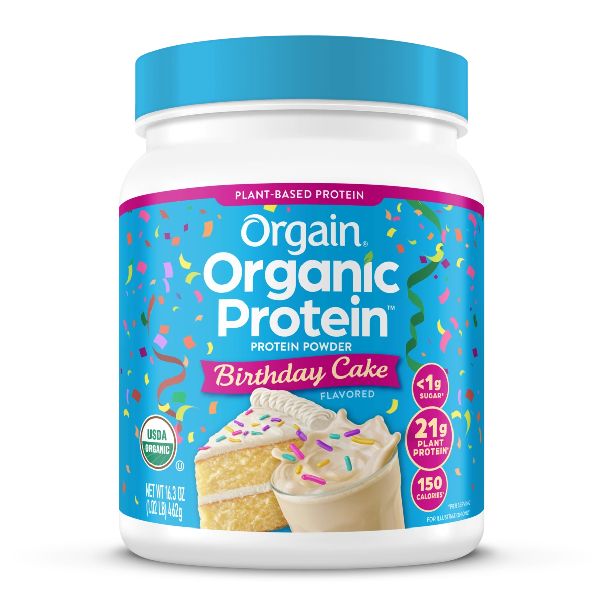 Front of Orgain Organic Protein Powder  Birthday Cake flavor in the 1.02lb size