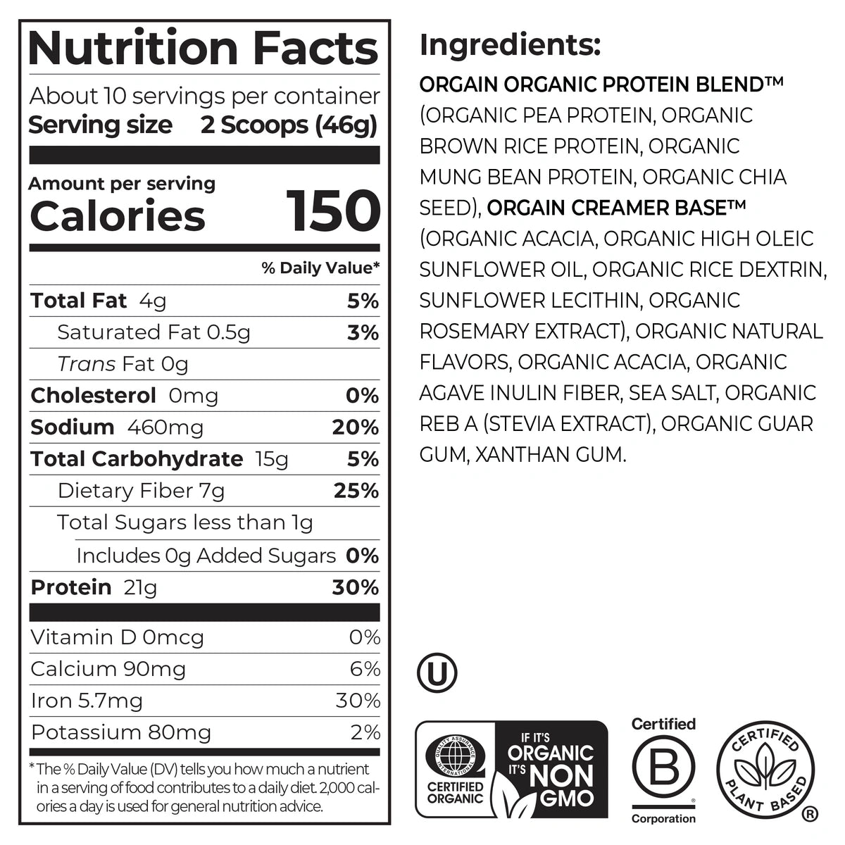 Nutrition Fact Panel and list of ingredients for Orgain Organic Protein Powder Birthday Cake flavor in the 1.02lb size