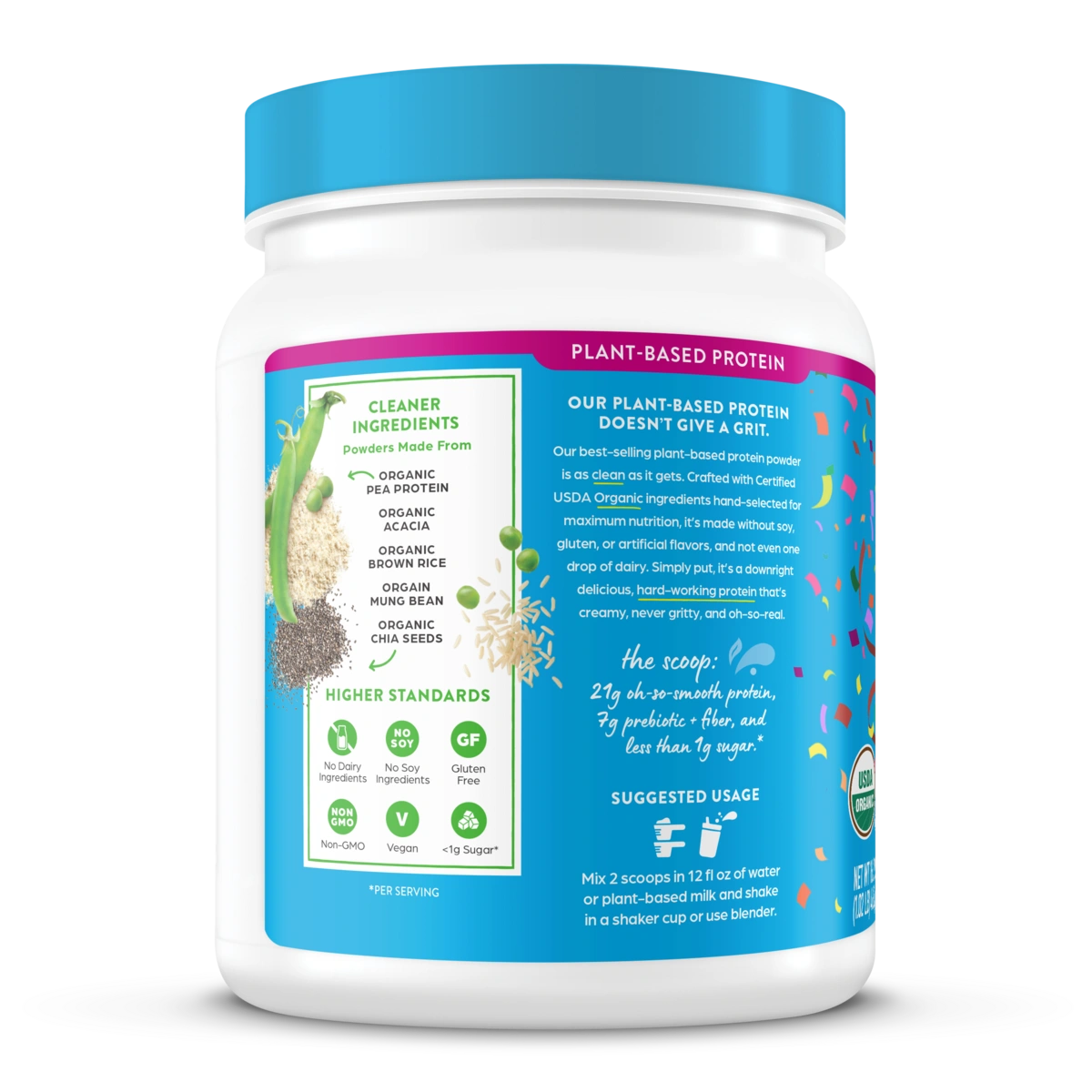 Left side of Orgain Organic Protein Powder Birthday Cake flavor in the 1.02lb size