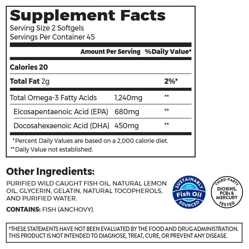 Nutrition fact panel and list of ingredients of Wild Omega-3 Natural Lemon Flavor Flavor in the 90ct Softgels Size