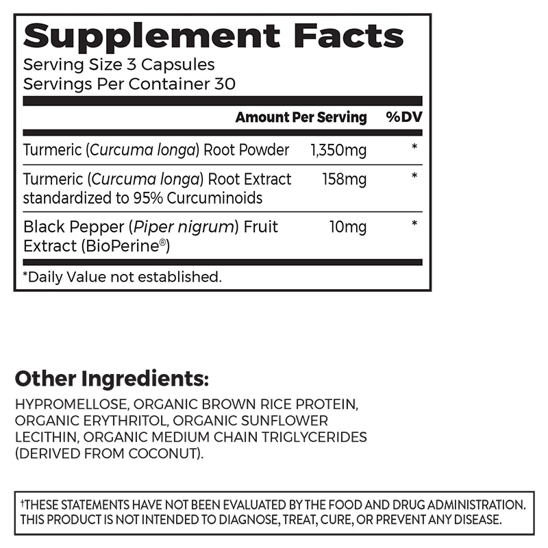 Nutrition fact panel and list of ingredients of Ultimate Turmeric 90ct Capsules Size in the 2.03lb canister Size