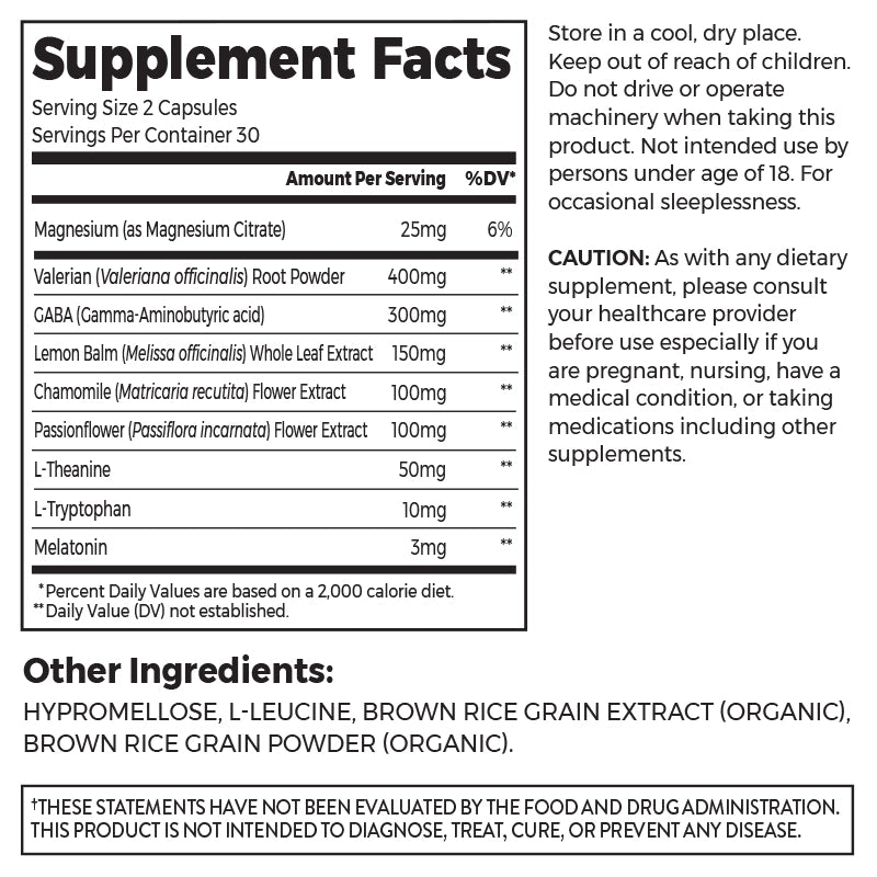 Nutrition fact panel and list of ingredients of SleepDeep 60ct Capsules Size in the 2.03lb canister Size