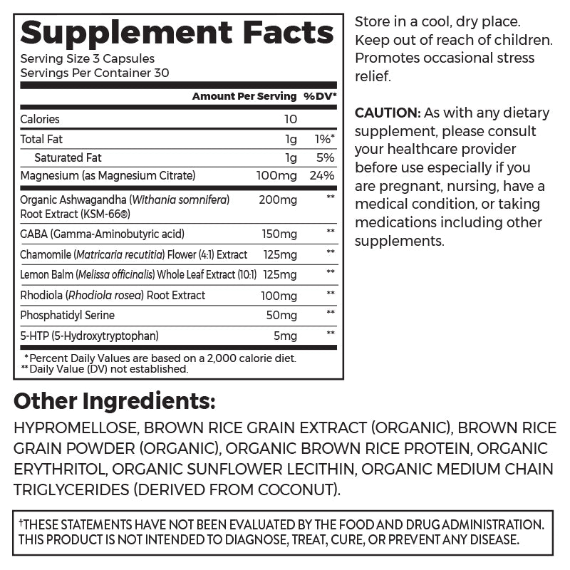 Nutrition fact panel and list of ingredients of StressLess 90ct Capsules Size in the 2.03lb canister Size