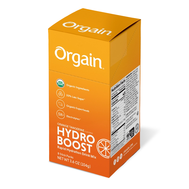 Angled Left side of Hydro Boost - Rapid Hydration Drink Mix - Orange Tangerine  Flavor in the 16 Stick Packs Size