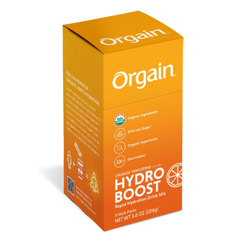 Angled Right side of Hydro Boost - Rapid Hydration Drink Mix - Orange Tangerine  Flavor in the 16 Stick Packs Size