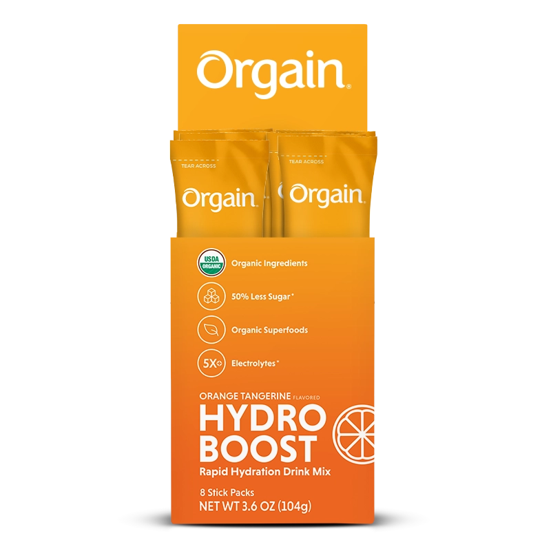 Open caddie of Hydro Boost - Rapid Hydration Drink Mix - Orange Tangerine  Flavor in the 8 Stick Packs Size