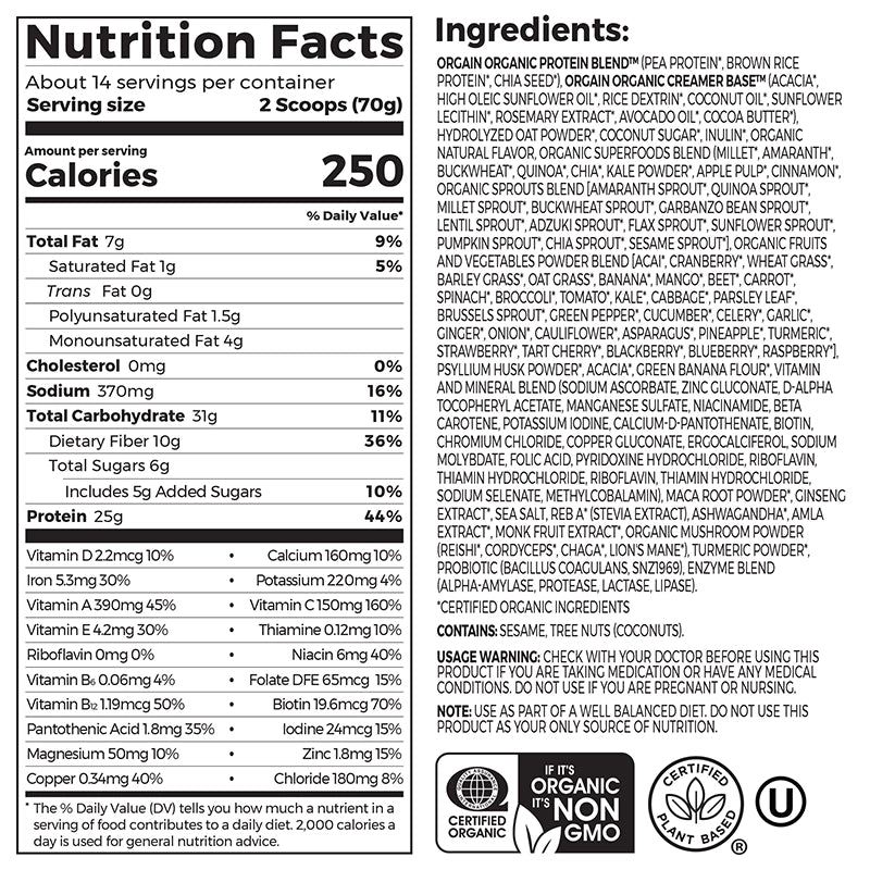 Nutrition Fact Panel and list of ingredients for Perfect Meal Powder vanilla flavor