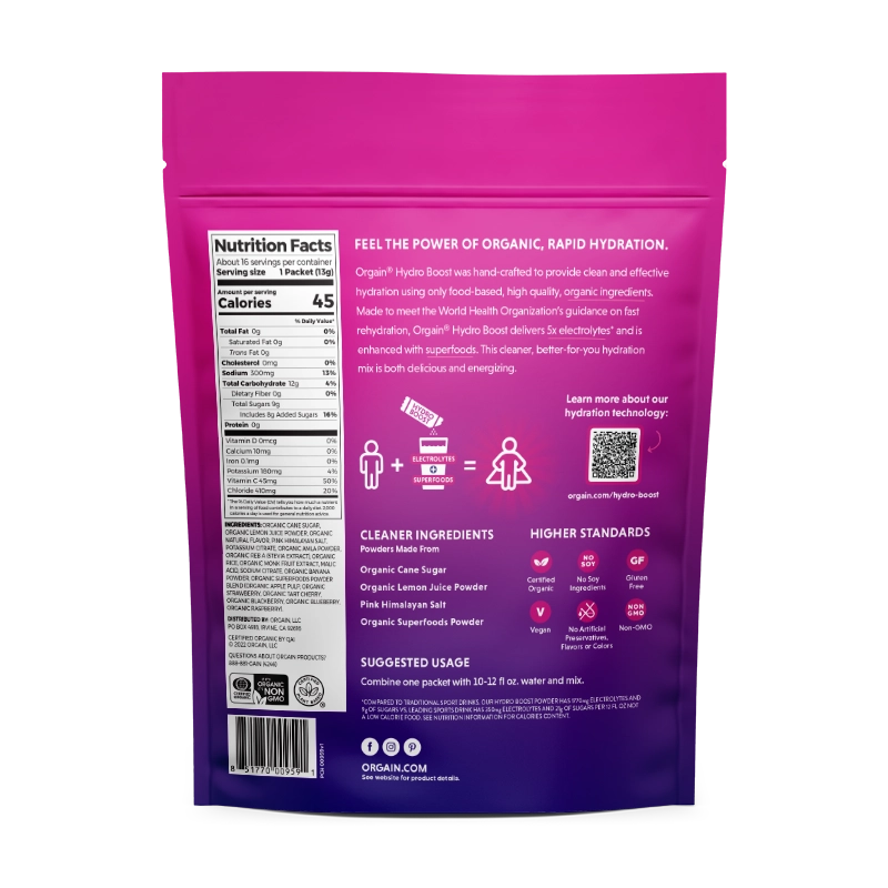 Back of Hydro Boost -  Rapid Hydration Drink Mix Berry Flavor in the 16 Stick Packs Size
