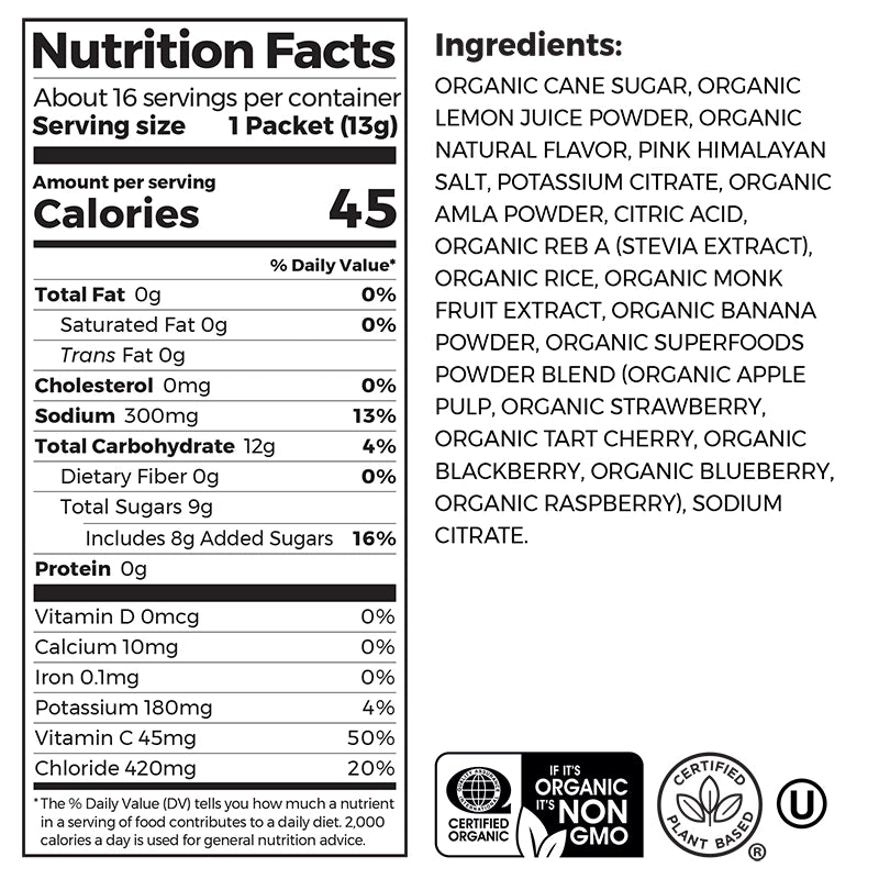 Nutrition fact panel and list of ingredients of Hydro Boost - Rapid Hydration Drink Mix - Orange Tangerine  Flavor in the 16 Stick Packs Size