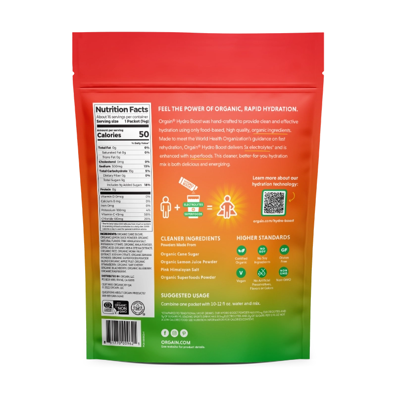 Back of Hydro Boost - Rapid Hydration Drink Mix - Mango  Flavor in the 16 Stick Packs Size