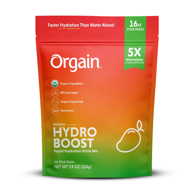 Front of Hydro Boost - Rapid Hydration Drink Mix - Mango  Flavor in the 16 Stick Packs Size