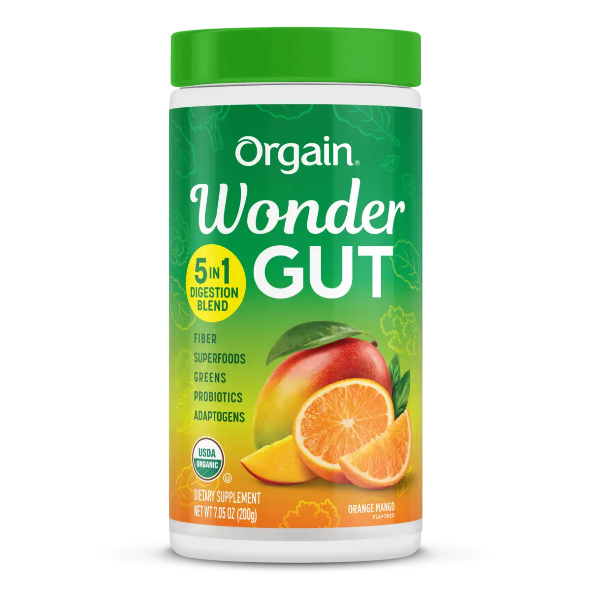 Front of Wonder Gut Orange Mango flavor in a 7.05 oz container