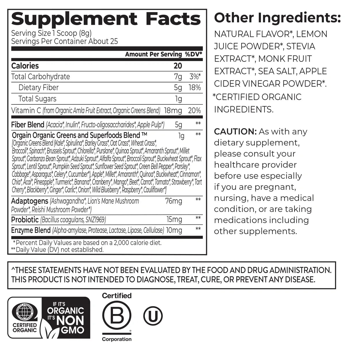 Nutrition Fact Panel and List of Ingredients for Wonder Gut Orange Mango flavor in a 7.05 oz container