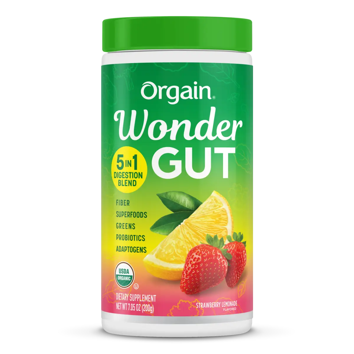 Front of Wonder Gut Strawberry Lemonade flavor in a 7.05 oz container