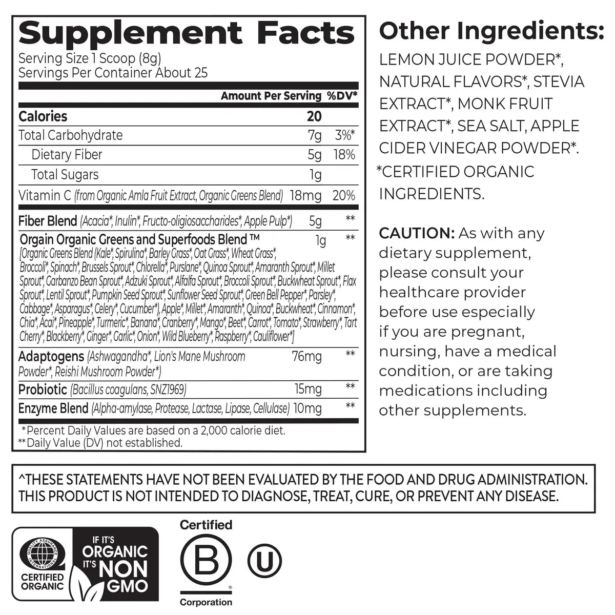 Nutrition Fact Panel and List of Ingredients for Wonder Gut Strawberry Lemonade flavor in a 7.05 oz container