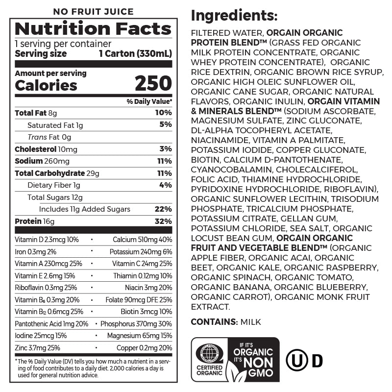 Nutrition fact panel and list of ingredients of Organic Nutrition Shake - Iced Cafe Mocha  Flavor in the 12 Shakes Size