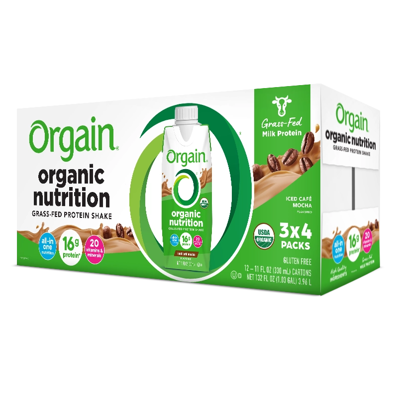 Angled Right side of Organic Nutrition Shake - Iced Cafe Mocha  Flavor in the 12 Shakes Size