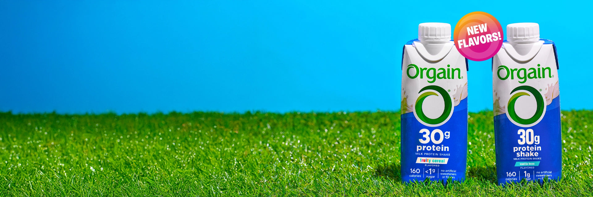 Fruity Cereal and Vanilla bean 30g protein shakes on grass