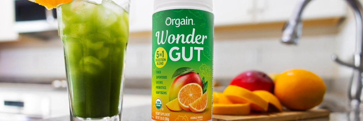 Tall glass orgain wonder gut, fiber powder