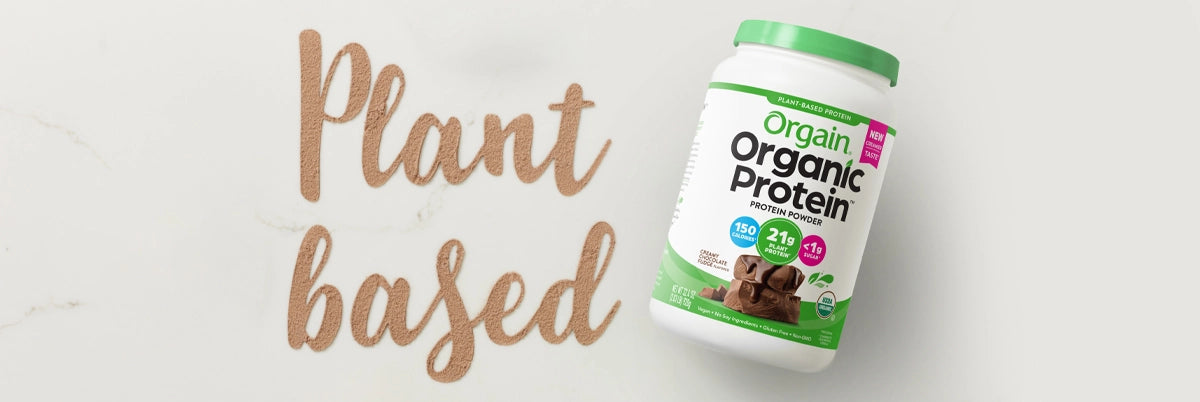 Orgain Plant Based powder on white background