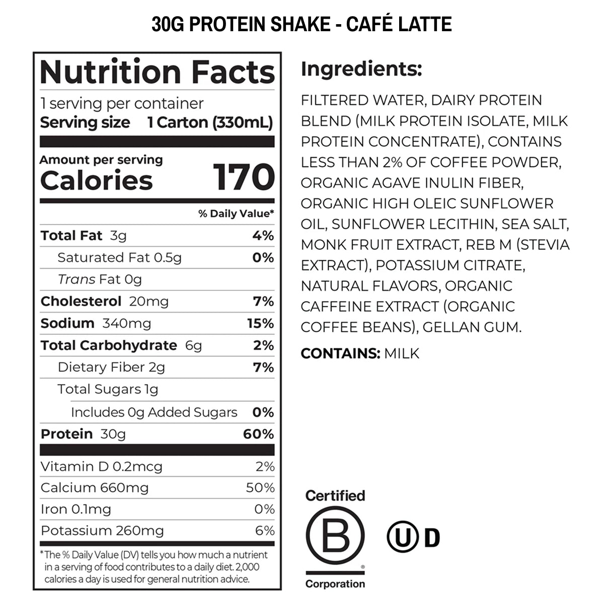 Nutrition facts and ingredients label for a 30g protein shake in Café Latte flavor.