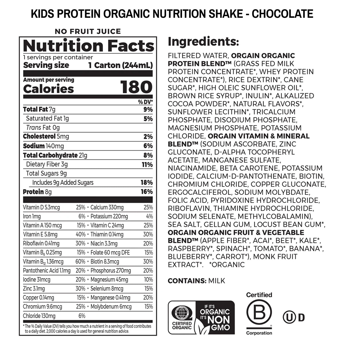 Nutrition label for a kids protein organic nutrition shake in chocolate flavor.