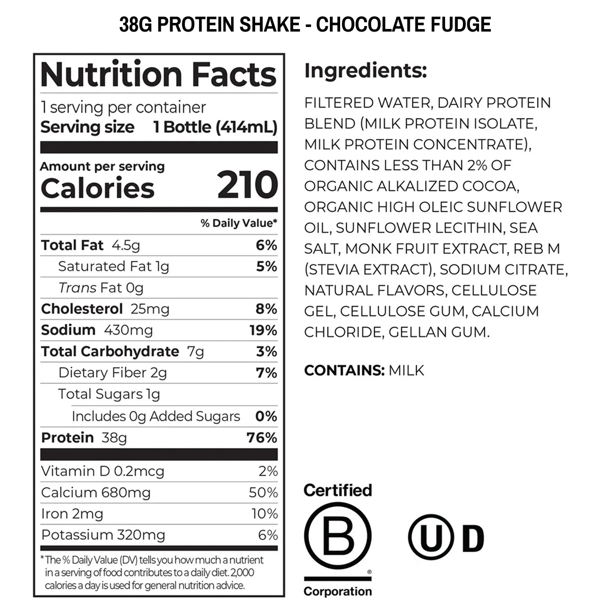 Nutrition facts and ingredients label for a 38g protein shake in chocolate fudge flavor.